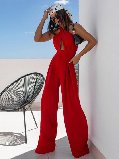 Wide Leg Cutout Halter Neck Jumpsuit-Nordavory