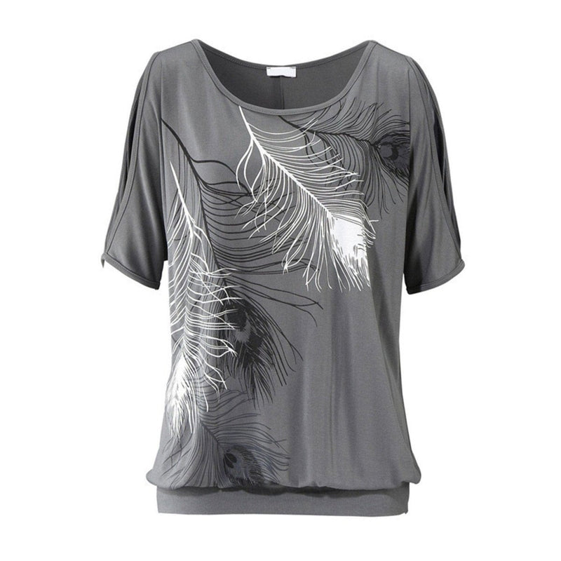 Womens Cut Shoulder Casual T Shirt with Feather Print - Nordavory