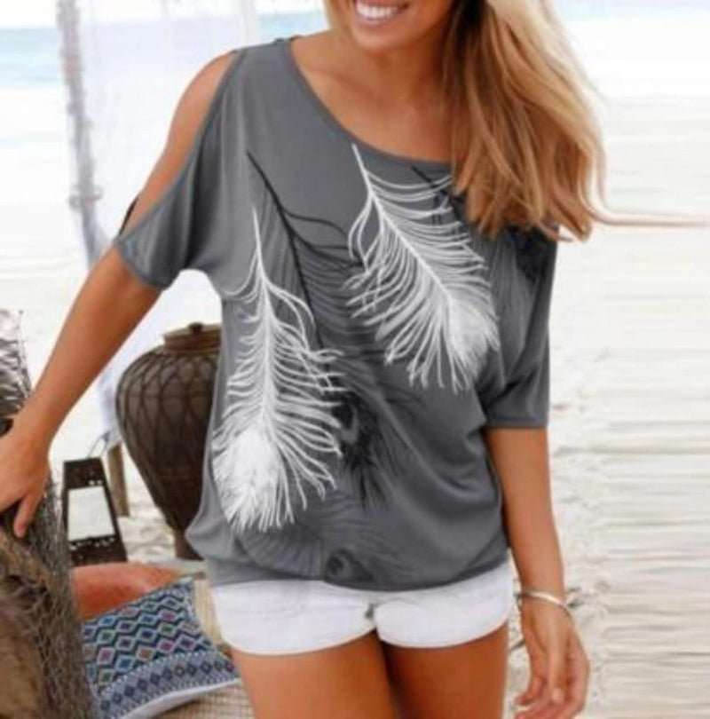 Womens Cut Shoulder Casual T Shirt with Feather Print Tops & Blouses nordavory