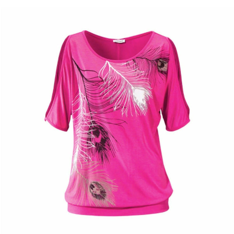 Womens Cut Shoulder Casual T Shirt with Feather Print Tops & Blouses nordavory