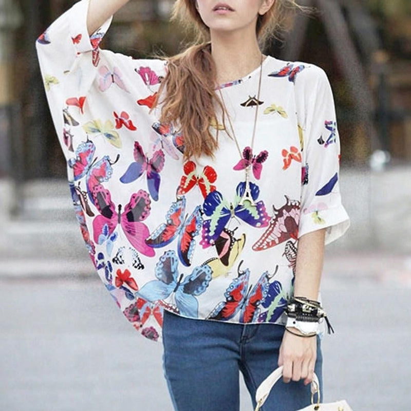 Womens Loose Fit Butterfly Theme Batwing Top - Nordavory