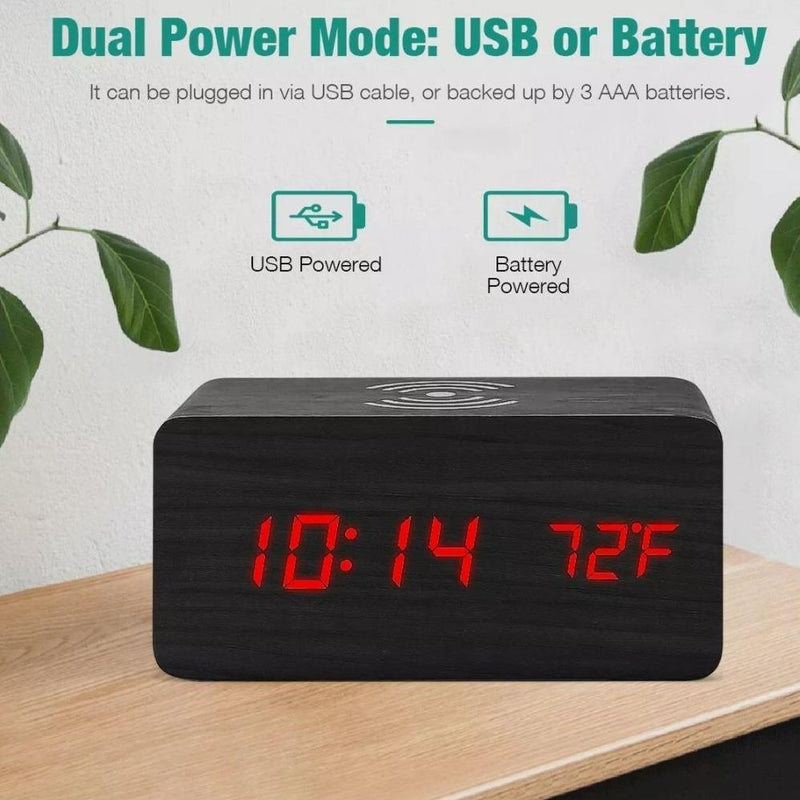 Wooden Digital Alarm Clock with Wireless Phone Charging Pad Mobile & Laptop Accessories nordavory