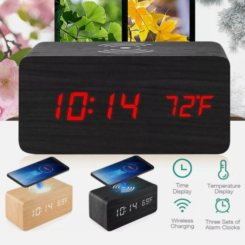 Wooden Digital Alarm Clock with Wireless Phone Charging Pad Mobile & Laptop Accessories nordavory