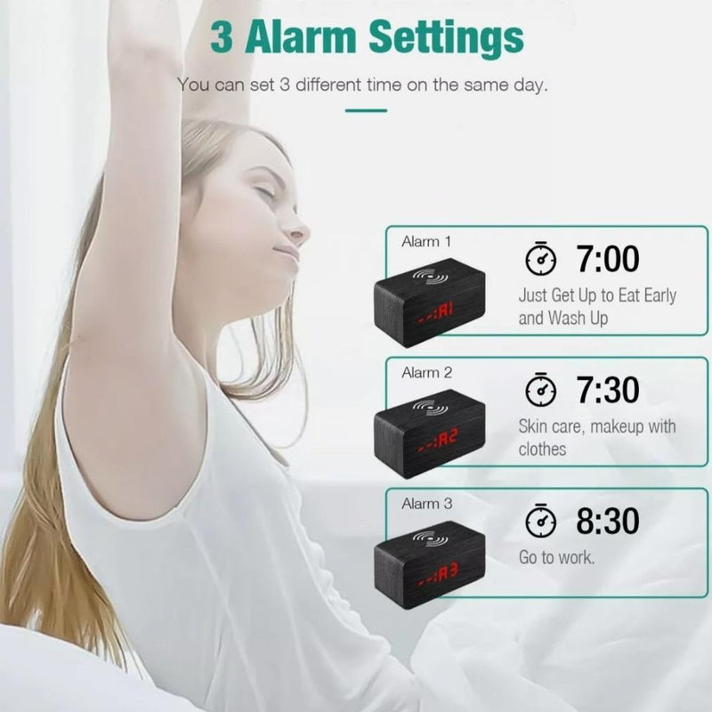 Wooden Digital Alarm Clock with Wireless Phone Charging Pad Mobile & Laptop Accessories nordavory