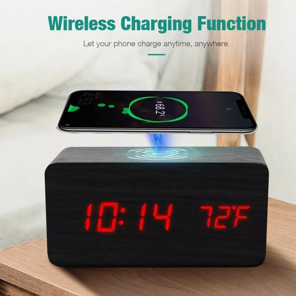 Wooden Digital Alarm Clock with Wireless Phone Charging Pad Mobile & Laptop Accessories nordavory