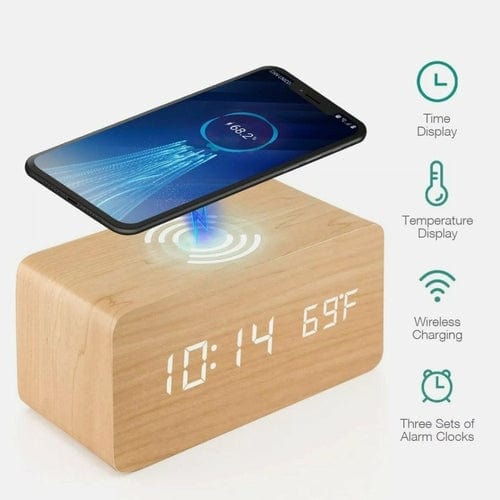 Wooden Digital Alarm Clock with Wireless Phone Charging Pad - Nordavory
