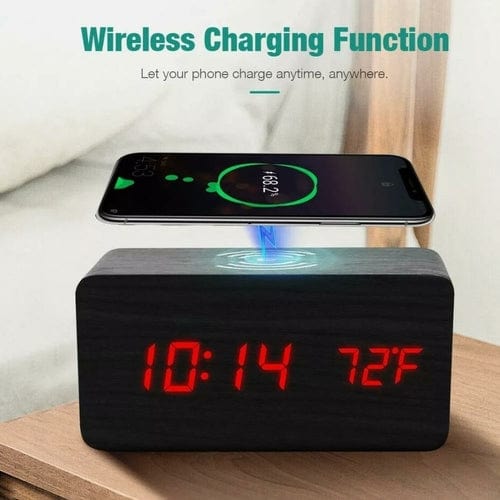 Wooden Digital Alarm Clock with Wireless Phone Charging Pad - Nordavory