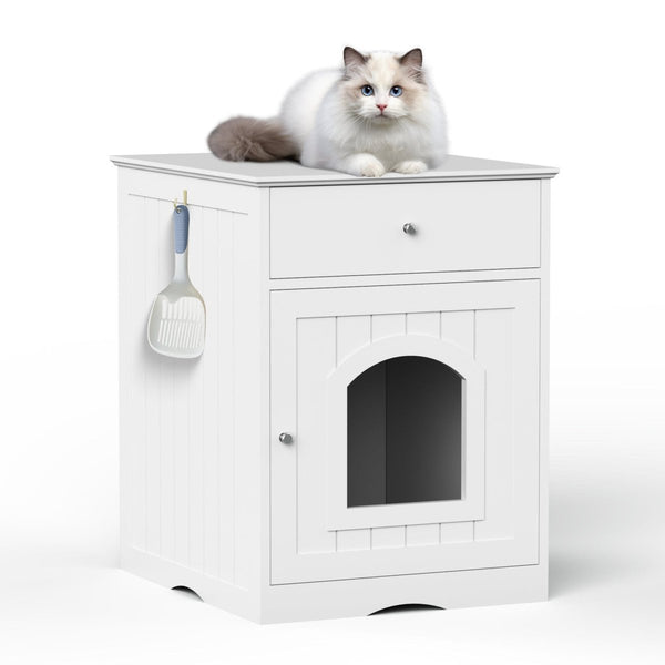 Wooden Pet House Cat Litter Box Enclosure with Drawer, Side Table, - Nordavory