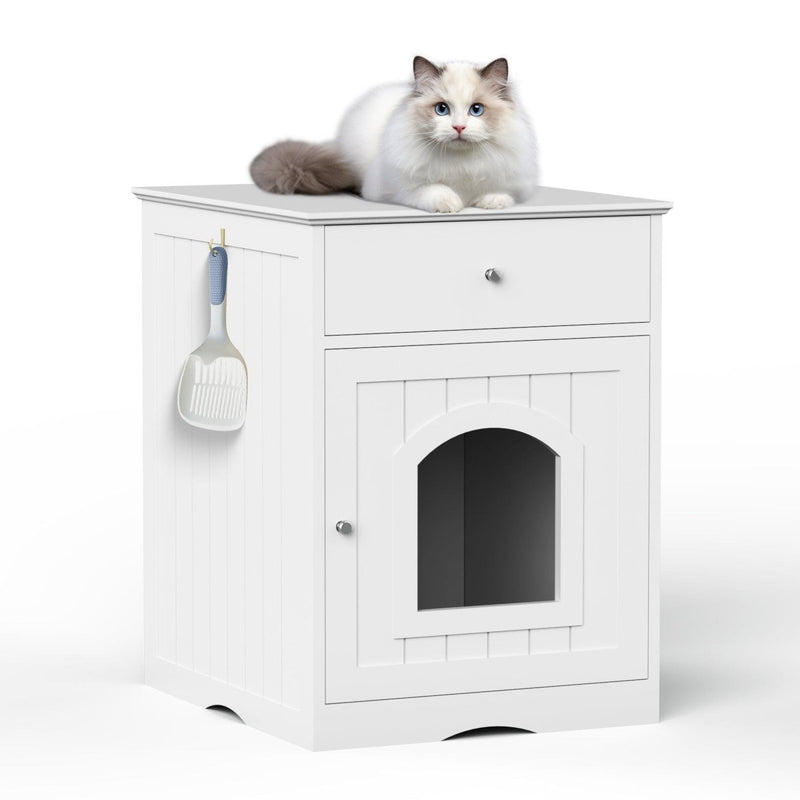 Wooden Pet House Cat Litter Box Enclosure with Drawer, Side Table, - Nordavory