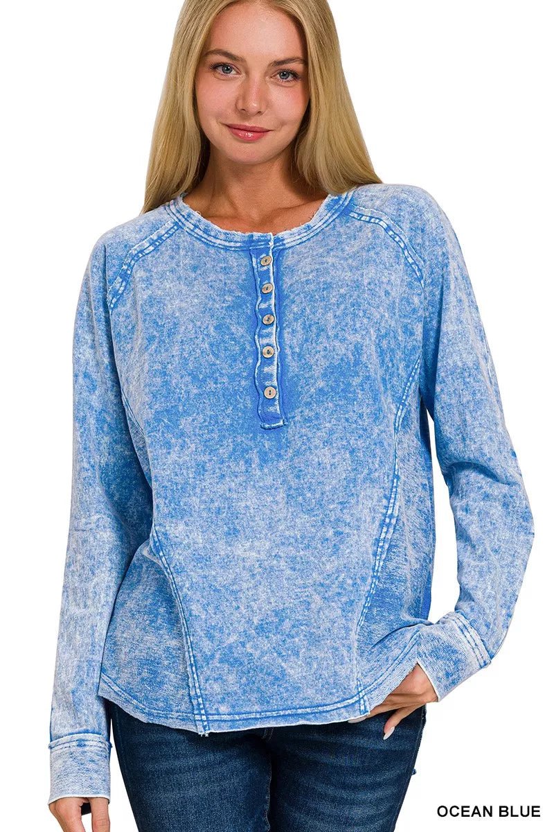 Zenana Washed French Terry Half Button Top-Nordavory