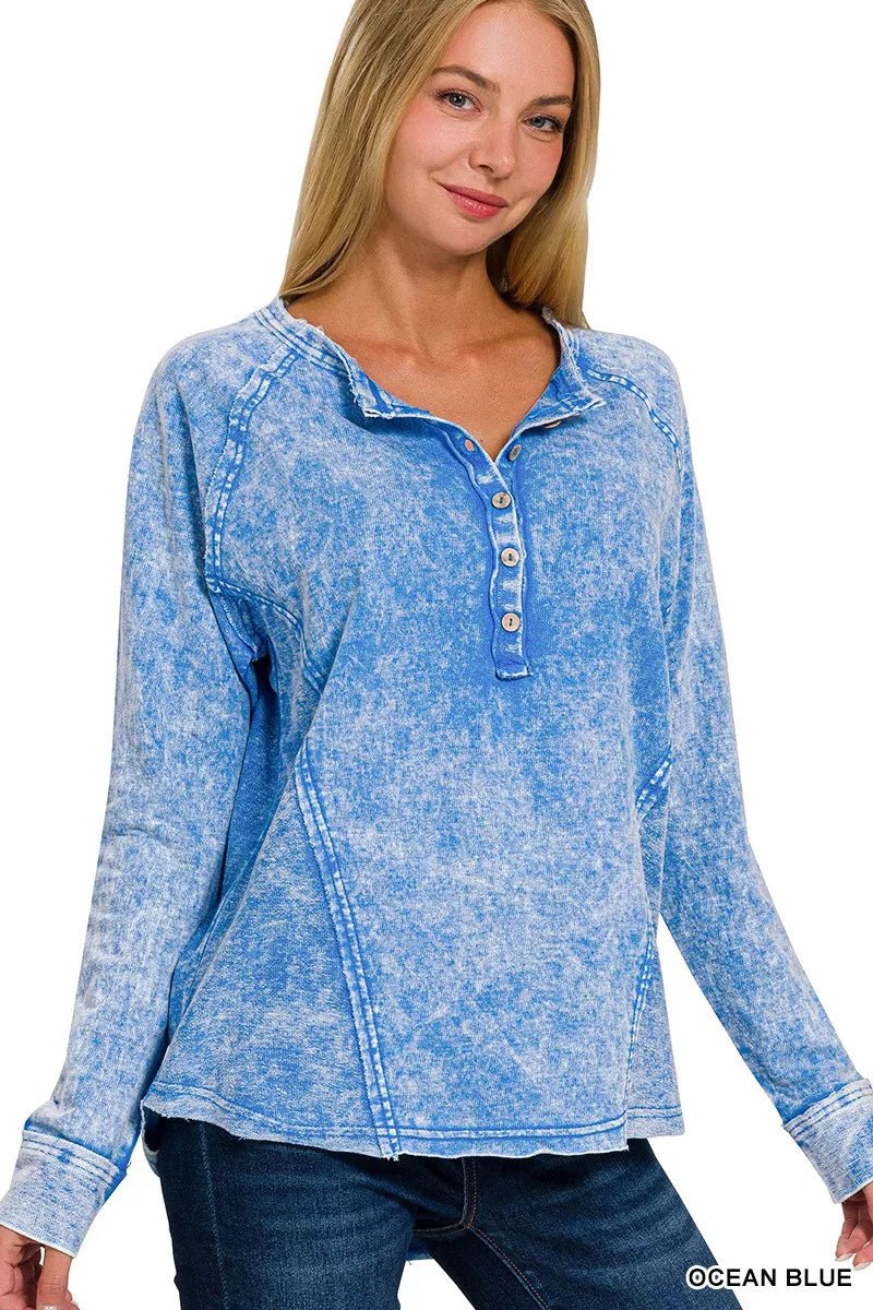 Zenana Washed French Terry Half Button Top-Nordavory