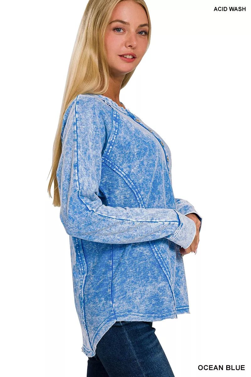 Zenana Washed French Terry Half Button Top-Nordavory