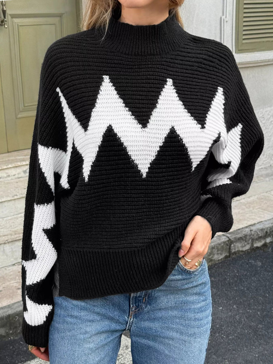 Zigzag Pattern Mock Neck Sweater-Nordavory