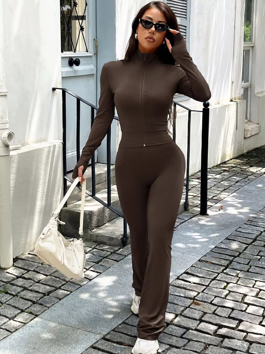 Zip Up Long Sleeve Outerwear and Pants Active Set-Nordavory
