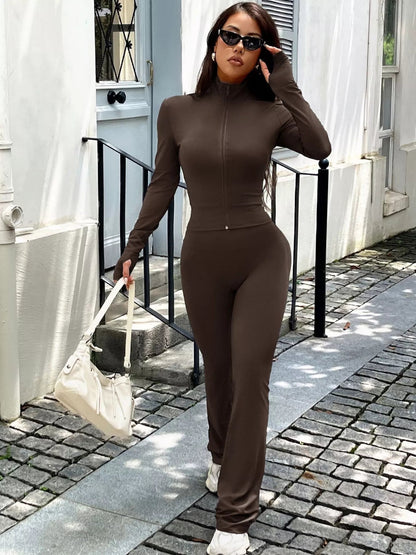 Zip Up Long Sleeve Outerwear and Pants Active Set-Nordavory