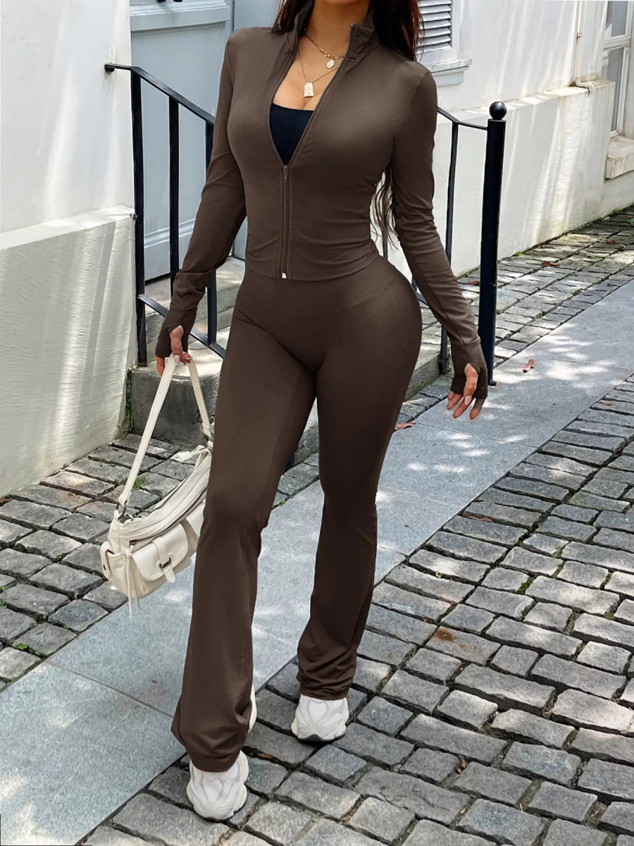 Zip Up Long Sleeve Outerwear and Pants Active Set-Nordavory
