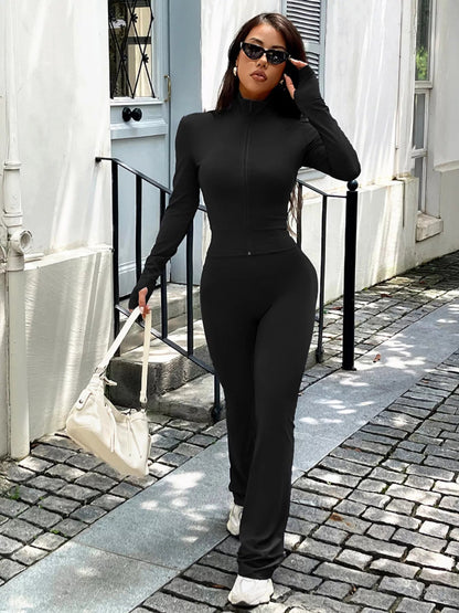 Zip Up Long Sleeve Outerwear and Pants Active Set-Nordavory